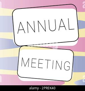 Légende du texte présentant l'assemblée annuelle, vue d'ensemble de l'entreprise prévue chaque année pour la discussion sur l'avenir de l'entreprise Banque D'Images