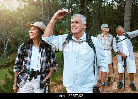 . Randonnée pédestre, aventure et exploration avec un groupe d'amis seniors s'amusant, s'exerçant et appréciant le plein air. Marche, découverte et voyage avec les personnes âgées visite dans la forêt ou les bois. Banque D'Images