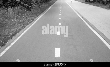 Gros plan d'une route asphaltée avec une ligne de marquage intermittente. Mise au point sélective, photographie en noir et blanc Banque D'Images