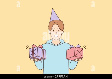 Jeune homme souriant dans un chapeau d'anniversaire tenant des cadeaux entre les mains. Joyeux anniversaire. Fête et célébration. Illustration vectorielle. Banque D'Images