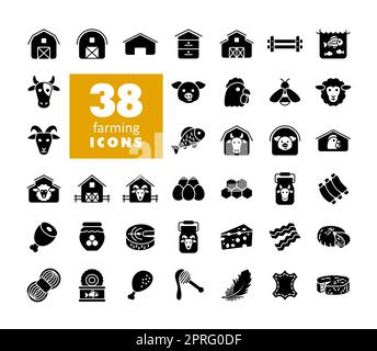 Jeu d'icônes de glyphes d'animaux de ferme. Panneau d'alimentation animale. Symbole graphique pour la conception de votre site Web, votre logo, votre application, votre interface utilisateur. Illustration vectorielle, EPS10. Banque D'Images