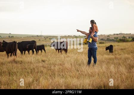 La durabilité, la nature et l'agriculteur enseignant à la fille comment prendre soin du bétail sur une ferme de bétail. Parent aimant liant avec son petit enfant, en appréciant l'extérieur frais ensemble et en s'amusant sur le terrain Banque D'Images