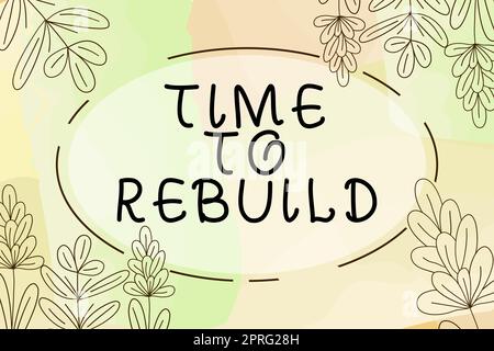 L'écriture à la main signe temps pour reconstruire, mot pour le bon moment pour rénover des espaces ou des stratégies pour innover cadre décoré avec des fleurs colorées et Foliag Banque D'Images