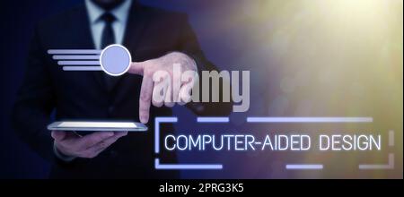 Écriture affichant le texte conception assistée par ordinateur. Présentation commerciale CAO conception industrielle en utilisant des appareils électroniques boîtes de message couleur vierges pour la publicité et le marquage d'entreprise. Banque D'Images