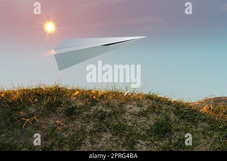 3D Illustration. 3D rendu , concept de succès d'affaires à la cible , démarrage , idée créative . Avion de papier blanc volant dans le ciel entre les nuages. magnifique paysage naturel. Banque D'Images