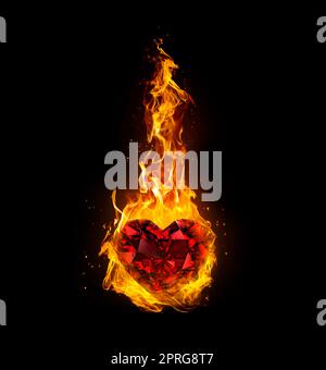 Diamant en forme de cœur rouge, sur feu sur fond noir Banque D'Images