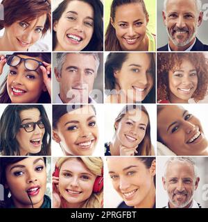 Le monde du rire. Image composite d'un groupe diversifié de personnes souriantes. Banque D'Images