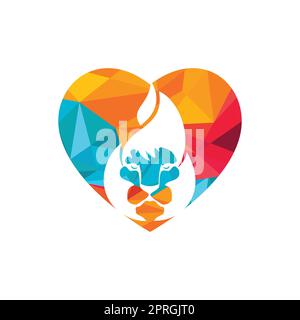 Modèle de conception du logo vectoriel Lion Fire. Motif lion Flames créatif avec logo en forme de coeur. Illustration de Vecteur