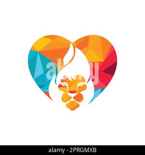 Modèle de conception du logo vectoriel Lion Fire. Motif lion Flames créatif avec logo en forme de coeur. Illustration de Vecteur