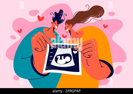 Couple heureux montrant la photo de bébé. Un homme et une femme souriants démontrent une injection d'embryon à ultrasons. La parentalité et la grossesse. Illustration vectorielle. Banque D'Images