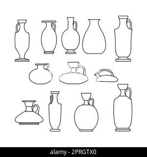 Esquisser le contour de l'ensemble de vases en céramique. Ancien grec, jarre romaine avec deux poignées et un col étroit. Art de la ligne millésime amphora, pots, tasses isolé noir Banque D'Images