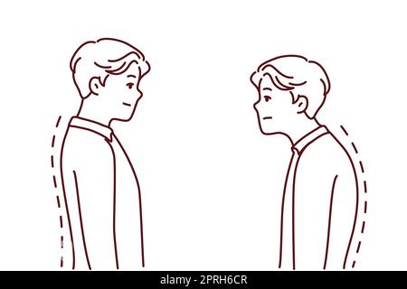 Comparaison de l'homme avec la bonne et mauvaise posture de dos. Les hommes souffrent de scolisose du travail sédentaire. Illustration vectorielle. Banque D'Images