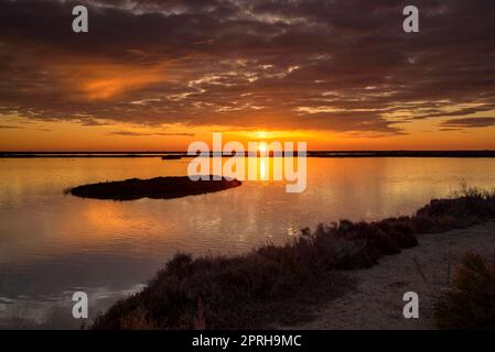 Lever de soleil rouge depuis un point de vue dans les lagons des appartements salins de Sant Antoni et le musée Món Natura Delta dans le delta de l'Ebre, Tarragone Catalogne Espagne Banque D'Images