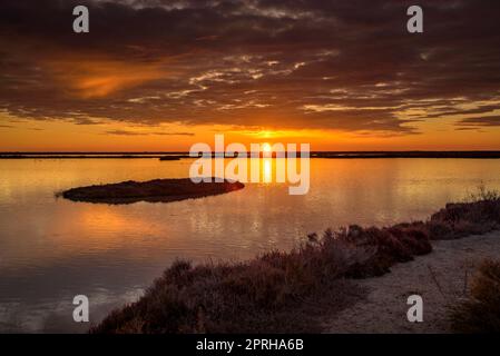 Lever de soleil rouge depuis un point de vue dans les lagons des appartements salins de Sant Antoni et le musée Món Natura Delta dans le delta de l'Ebre, Tarragone Catalogne Espagne Banque D'Images