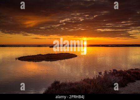 Lever de soleil rouge depuis un point de vue dans les lagons des appartements salins de Sant Antoni et le musée Món Natura Delta dans le delta de l'Ebre, Tarragone Catalogne Espagne Banque D'Images