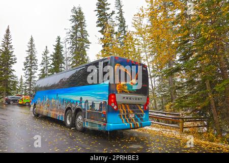 PARC NATIONAL JASPER, ALBERTA, CANADA - le 2 OCTOBRE 2018 : autobus qui dessert les attractions du parc national Jasper, Canada. Banque D'Images