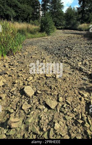 Lit de ruisseau séché avec du gravier non couvert après une longue période de sécheresse à l'été 2022 Banque D'Images