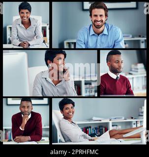 Travailler avec une attitude positive. Image composite des hommes d'affaires au bureau. Banque D'Images