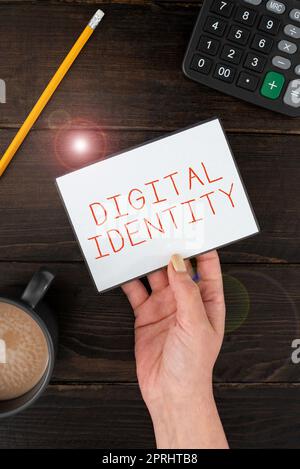 Légende conceptuelle Identityinformation numérique sur l'entité utilisée par l'ordinateur pour représenter l'agent. Mot pour obtenir des informations sur l'entité utilisée par l'ordinateur pour représenter l'agent Banque D'Images