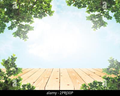 Table en bois vide avec cadre en feuilles vertes pour la présentation du produit Banque D'Images