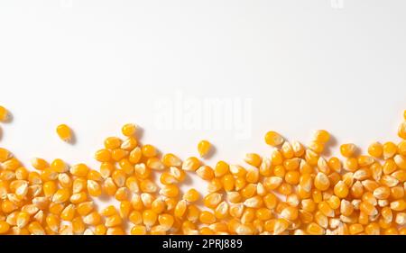 Grains de maïs séchés placés sur fond blanc avec espace de copie. Maïs pour pop-corn. Banque D'Images