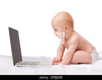 HES a déjà appris les moyens de la technologie. Photo studio d'un bébé garçon assis avec un ordinateur portable Banque D'Images