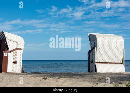 Paniers de plage en osier blanc traditionnel sur la plage de sable avec la mer Baltique, à Poel, en Allemagne Banque D'Images