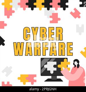 Panneau affichant Cyber Warfare, Word écrit sur Virtual War hackers System attaque le voleur numérique Stalker Banque D'Images