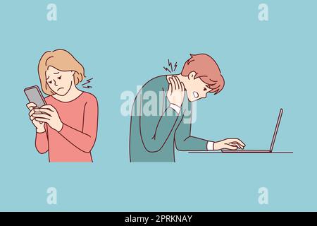 Les personnes qui travaillent sur des gadgets souffrent de problèmes de cou. Les utilisateurs dépendants des appareils luttent contre le mal de dos ou le spasme spinal. Problème de position sédentaire. V Banque D'Images