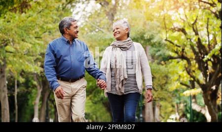 Faire une promenade dans le parc avec mon amour. un couple affectueux de personnes âgées se tenant les mains et marchant dans le parc Banque D'Images