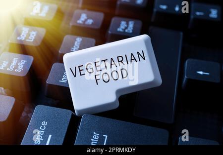 Affiche de texte montrant la nourriture végétarienne, l'idée d'affaires se réfère à la cuisine qui remplit un vegan s est conditions homme d'affaires tenant Une tablette avec Un Glowi Banque D'Images