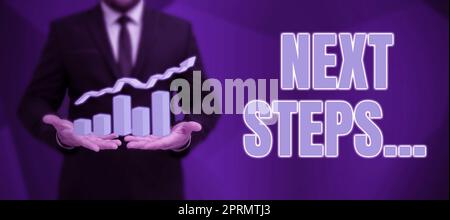 Affichage conceptuel étapes suivantes. Approche de l'entreprise suivre les changements Plan stratégique donner des directives les employés partagent leurs réflexions avec des bulles de discours et des S assorties Banque D'Images