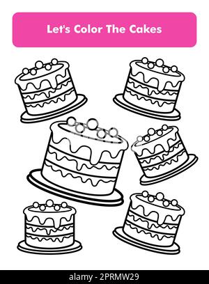 Page de livre de coloriage de gâteau d'anniversaire au format lettre page. Feuille de coloriage pour enfants. Elément Vector Premium. Banque D'Images