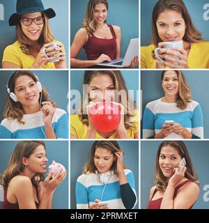 Les nombreux aspects de sa vie. Image composite d'une jeune femme posant dans le studio. Banque D'Images