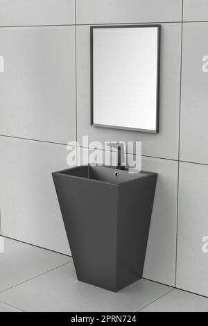 Lavabo au sol noir avec robinet à capteur et miroir dans la salle de bains Banque D'Images