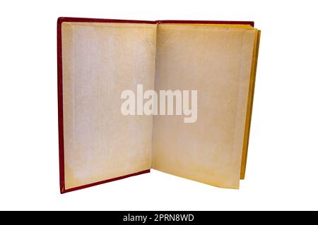 Pages jaunes d'un vieux livre ouvert sur fond blanc. Vieux livres. Pages de papier jaune. Édition papier. Style rétro. Source d'éducation. Isoler sur un W Banque D'Images