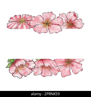 Fleur de cerisier. Invitation, carte, bannière avec fleurs de cerisier rose aquarelle. Modèle vide. Dessin à la main. Cadre horizontal avec fleurs Banque D'Images