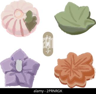 Bonbons japonais colorés en forme de chrysanthèmes, de pommes, d'iris et de feuilles Illustration de Vecteur