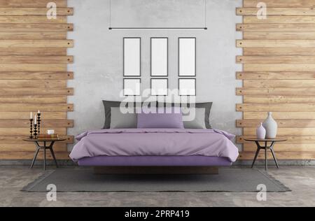 Chambre principale minimaliste avec lit double suspendu, panneau en bois et maquette à poster - 3D rendus Banque D'Images