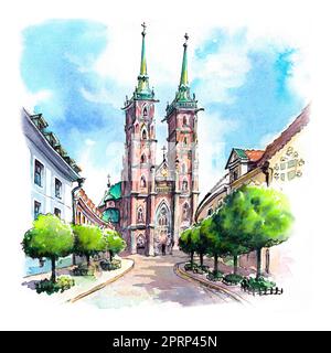 Croquis aquarelle de la cathédrale de Wroclaw sur Ostrow Tumski à Wroclaw, Pologne. Banque D'Images