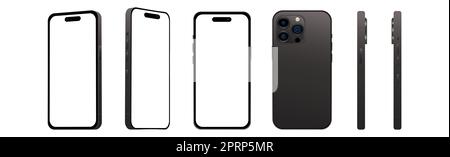 Jeu de 6 angles différents, modèles Black smartphone 14 PRO, nouveauté de l'industrie INFORMATIQUE, maquette pour le web design sur fond blanc - Vector illust Banque D'Images