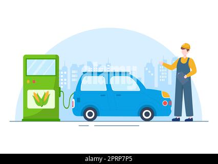 Biocarburant cycle de vie des matériaux naturels et des plantes avec des barils verts ou biogas production d'énergie en dessin animé à la main dessins de dessin animé Illustration Banque D'Images