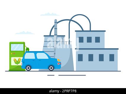 Biocarburant cycle de vie des matériaux naturels et des plantes avec des barils verts ou biogas production d'énergie en dessin animé à la main dessins de dessin animé Illustration Banque D'Images