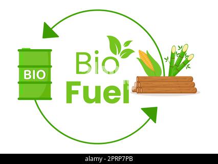 Biocarburant cycle de vie des matériaux naturels et des plantes avec des barils verts ou biogas production d'énergie en dessin animé à la main dessins de dessin animé Illustration Banque D'Images