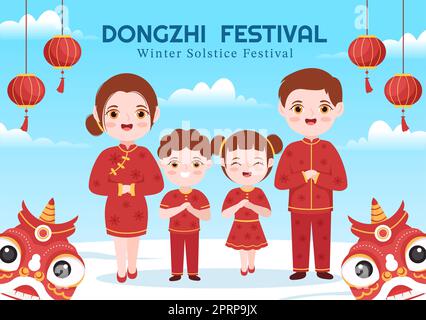 Dongzhi ou Winter Solstice Festival modèle dessin main dessin dessin dessin dessin animé dessin animé dessin animé par la famille appréciant la cuisine chinoise Tangyuan et Jiaozi concept Banque D'Images