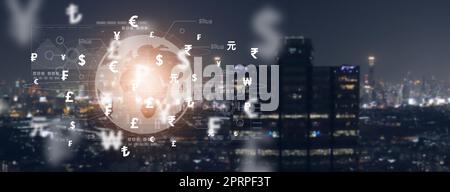 Technologie financière mondiale : change de devises, transaction ou mouvement monétaire, fintech, crypto-monnaie, monnaie électronique, paiements sans espèces, Et moderne Banque D'Images