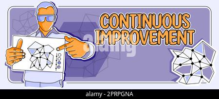Signe d'écriture manuelle amélioration continue, concept signifiant apporter de petites améliorations cohérentes au fil du temps Homme tenant le papier montrant la stratégie créative p Banque D'Images