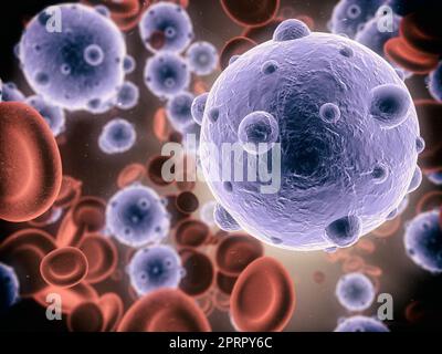 Système immunitaire sous feu. Vue microscopique d'un virus attaquant les cellules saines du corps humain. Banque D'Images