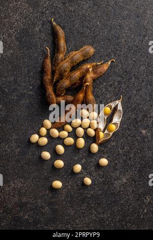 Graines de soja. Gousse de soja séchée sur table noire. Banque D'Images