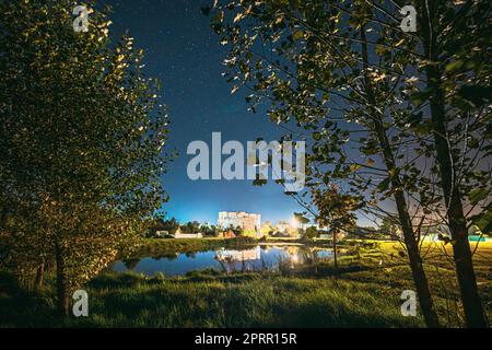 Ciel nocturne sur le lac de la rivière près des maisons résidentielles. Ciel étoilé de nuit au-dessus du lac avec étoiles brillantes. Étoiles brillantes au-dessus de la nature estivale. Photo parmi les arbres Banque D'Images